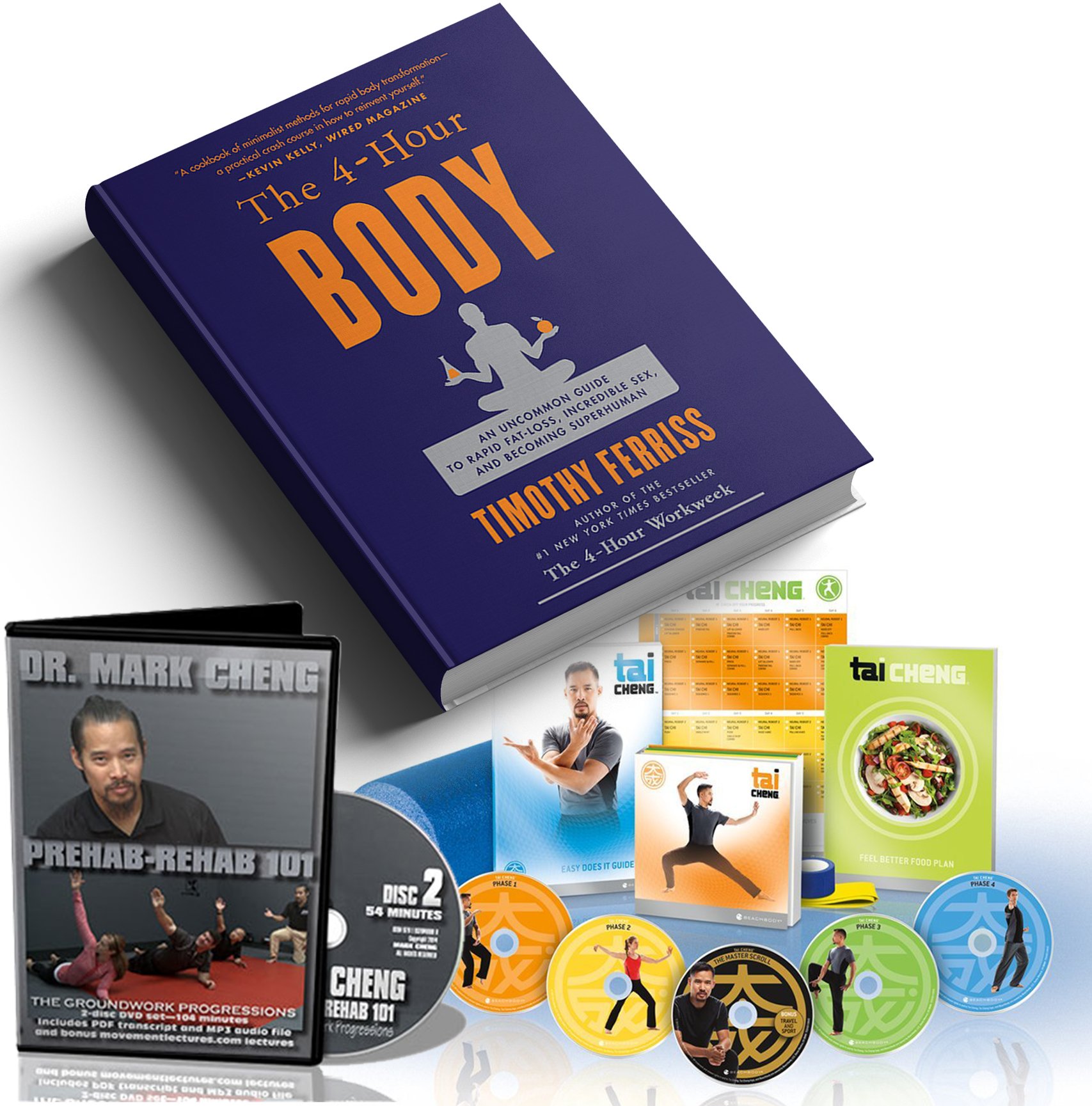 The 4-Hour Body book alongside Dr Mark Cheng's Tai Cheng and Prehab-Rehab programs